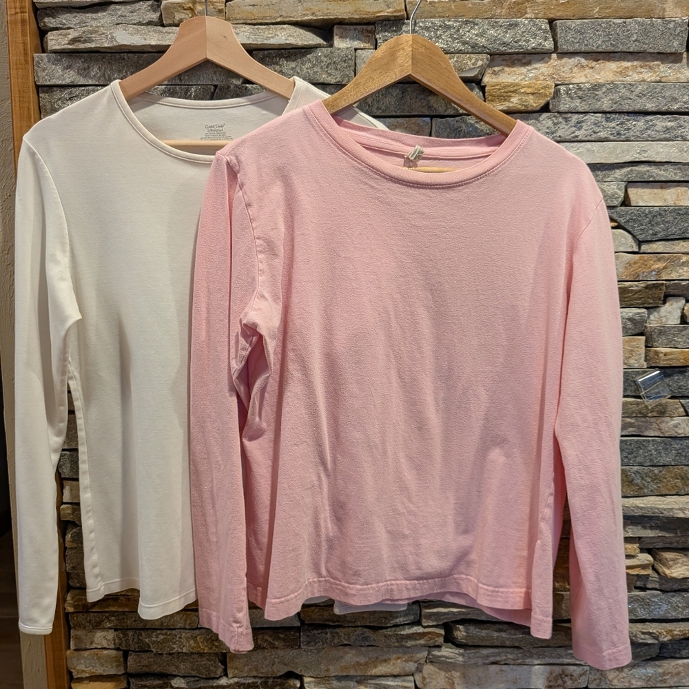 Long Sleeve Crewneck T-shirts - Pink and White, Size L